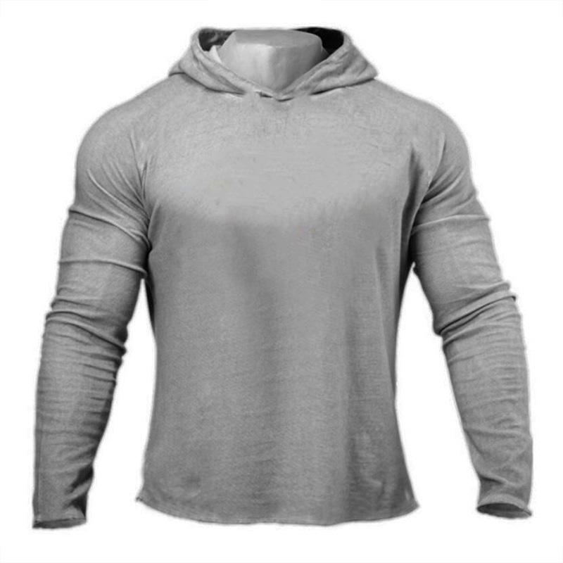 

Solid Color Gym Clothing Long Sleeve Slim Fit Hooded T-Shirt Cotton Breathable Hoodie Mens Bodybuilding Fitness Muscle Sportwear M серый