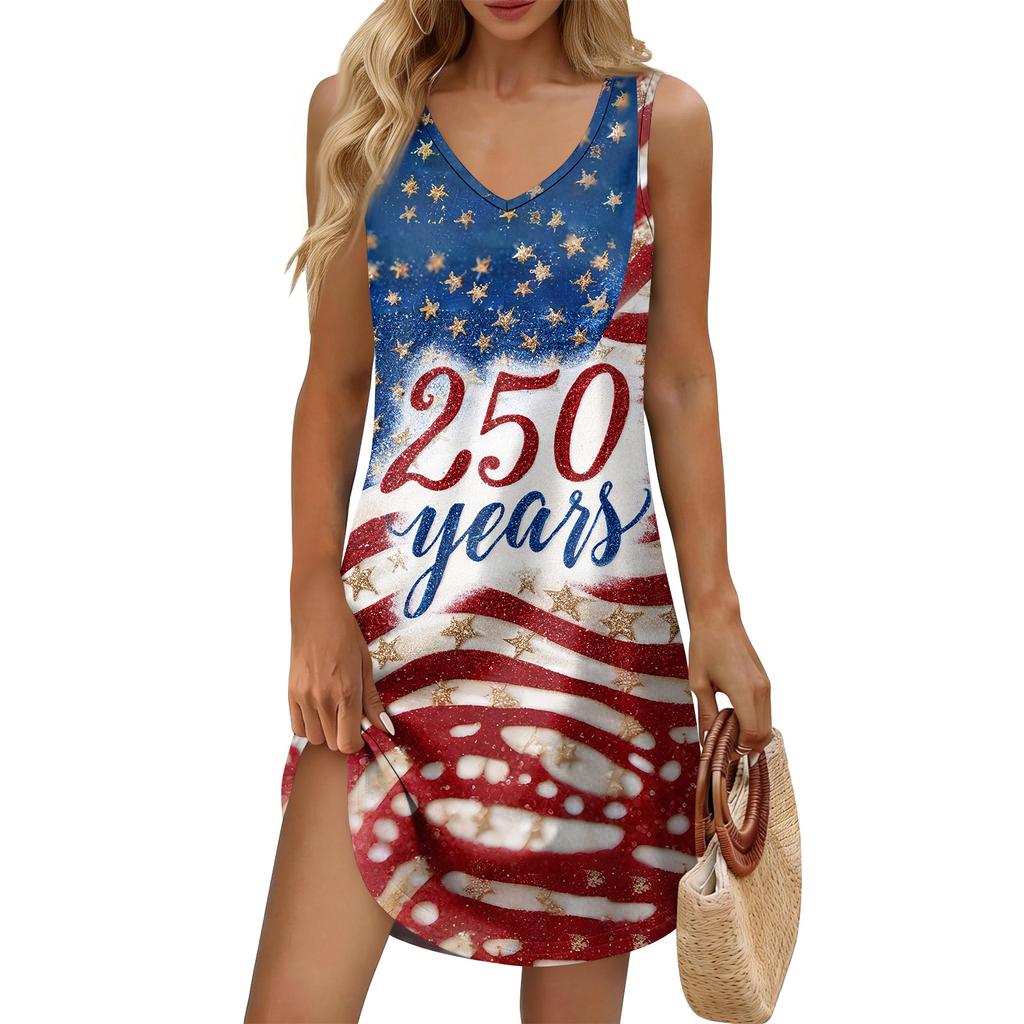 Women's Summer Casual Sun Skirt With Pocket V-Neck Independence Day Printed Loose Vest Dress