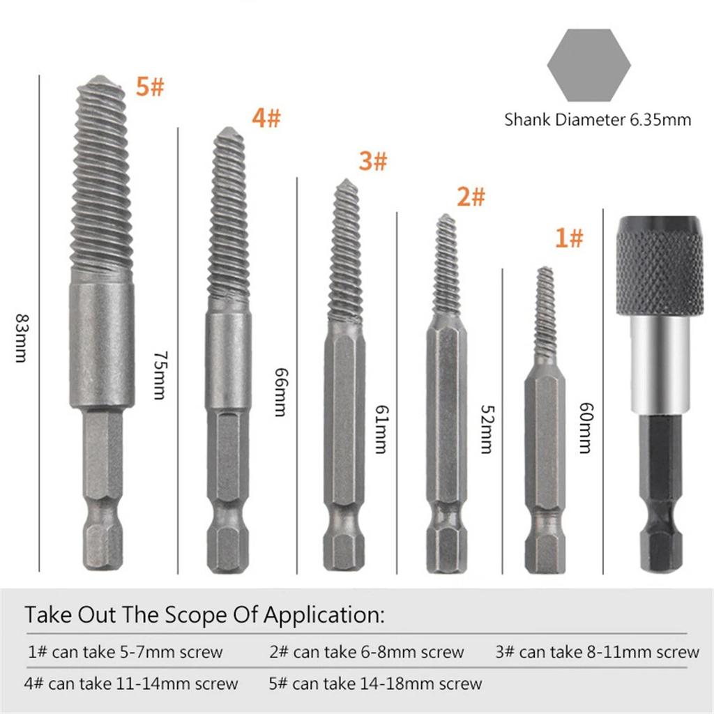 1/6Pcs Damaged Screw Extractor 1/4 Hex Shank Tool Set Broken Stripped Bolt Remover