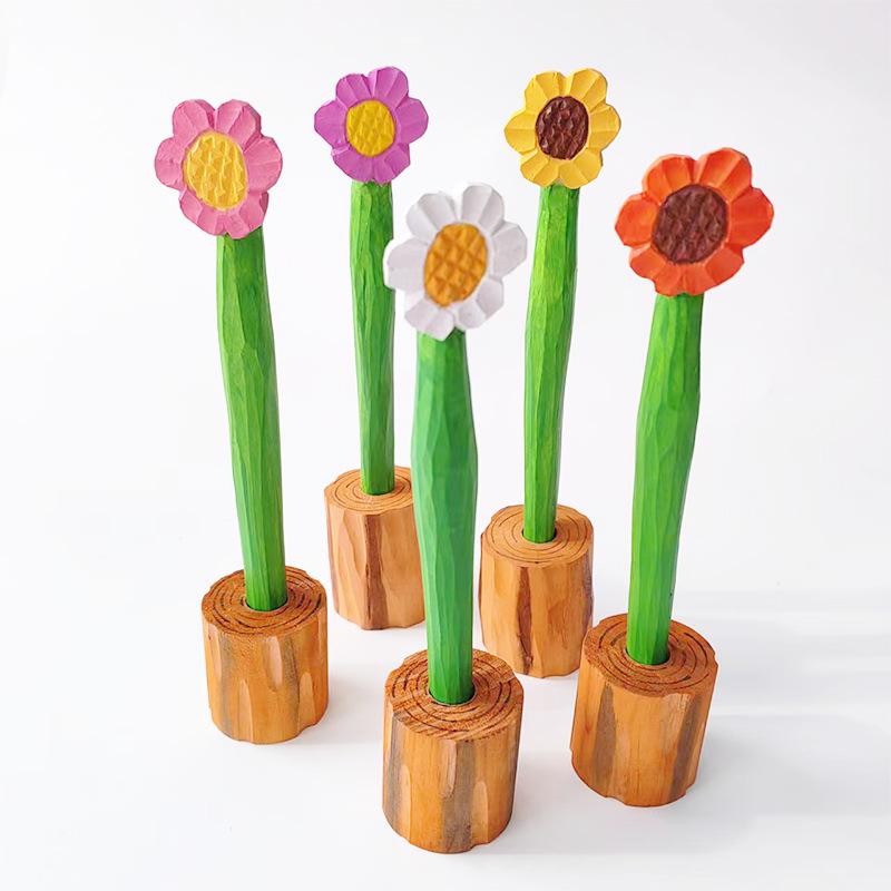 Flower Carved Solid Wood Ballpoint Pen - Handmade Stationery Gift for Students
