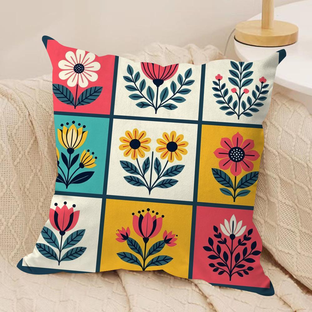 Retro Karomuster Blumen Kissenbezug Kurzer Plüsch Doppelseitiger Druck Quadratische Dekokissen für Sofa Zuhause