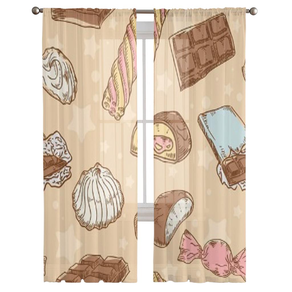 Vintage Sweets Candies Chocolate Bars And Marshmallow Sheer Curtains for Living Room Tulle Window Curtain Bedroom Kitchen Drapes