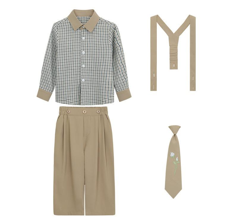 Elegant Boys Formal Suspender Outfit, Teen Kids Plaid Shirt Tie Pants Set, Children School Uniform/Wedding Guest Wear 3-14 Years