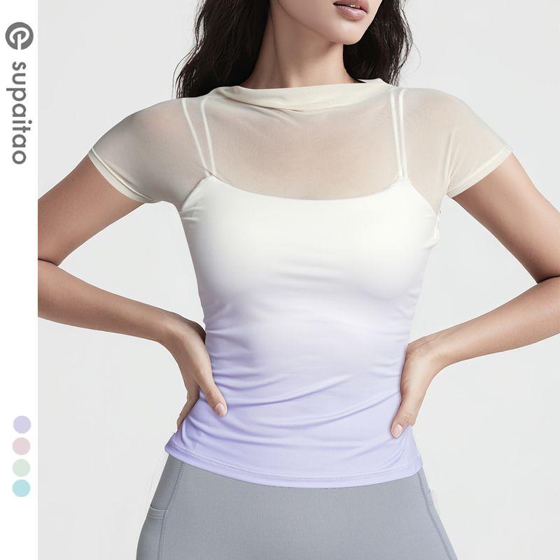 

Non-Exchangeable Non-Returnable] with Chest Pad Fake Two-Piece Yoga Clothes Short Sleeve Tops Workout Clothes Mesh Camisole Sports Female Summer Purple M