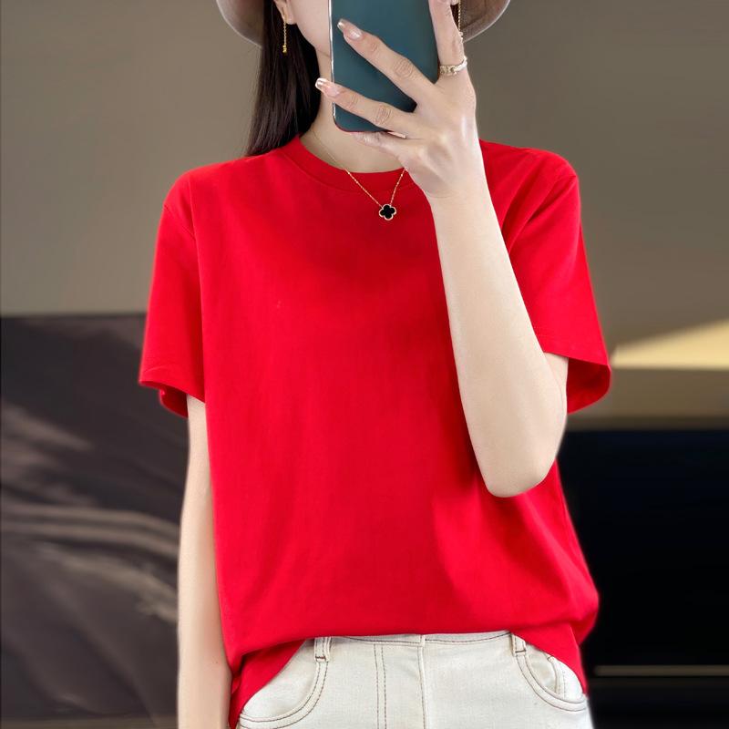 VEZFAA Women's Fashion Summer Spring Casual Solid Color Print Short Sleeve O-Neck T-shirts and Tops