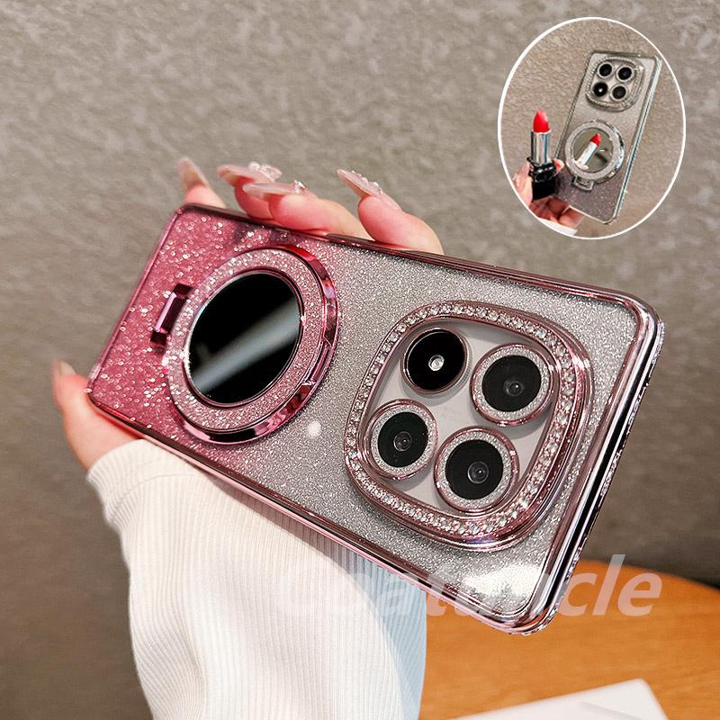 Luxury Glitter Magnetic Magsafe Mirror Bracket Diamond Case for Xiaomi Redmi Note 14 Note14 Pro Plus 14S 14C 4G 5G Plating Cover