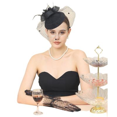 Voile Large Fait Main Style Vintage Femmes Plume Cheveux Fascinateur Chapeau Mariage Maille Gants Courts pour Accessoires de Mariée