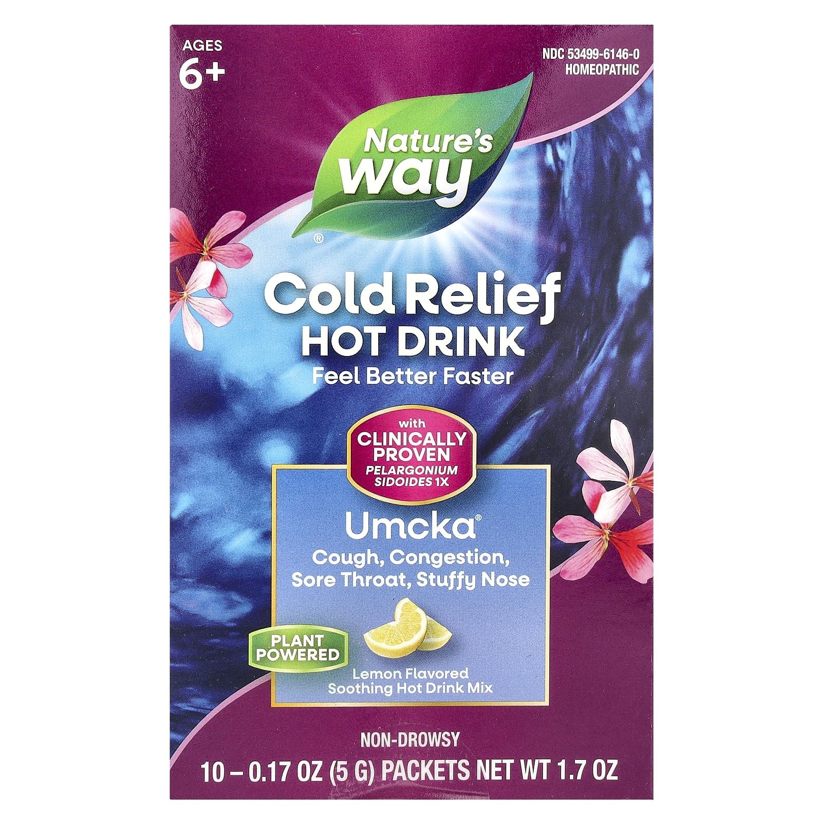 

Nature S Way, Umcka®, Cold Relief, Soothing Warm Drink Mix, Ages 6+, Lemon, 10 Packets, 5 G (0.17 Oz) Each