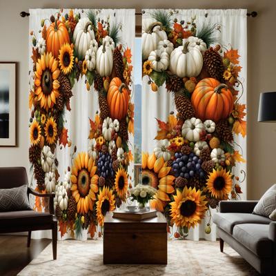 2pcs HD Vintage Vintage Harvest Festival Pumpkin Fruit Decorative Curtain Yellow Tie Digital Printed Curtain Home Decoration