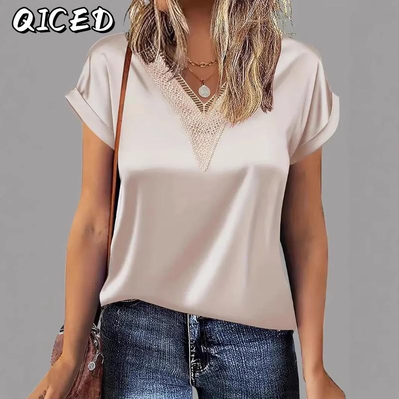 QICED Women's Fashion Casual V-Neck Short Sleeve Blouses & Shirts