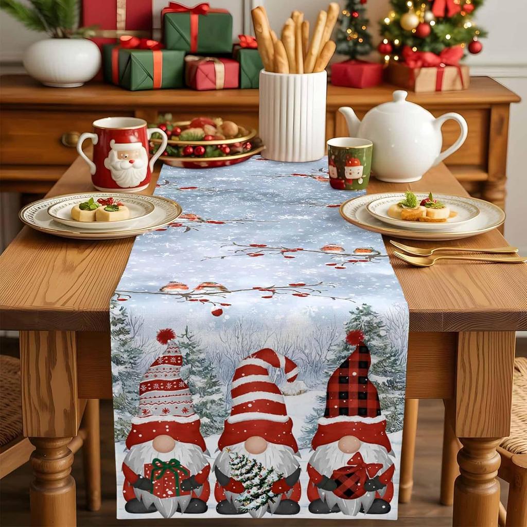 Christmas Gnomes Xmas Tree Linen Table Runner Home Party Decor Winter Snowflakes Bird Dining Table Runners Christmas Decorations