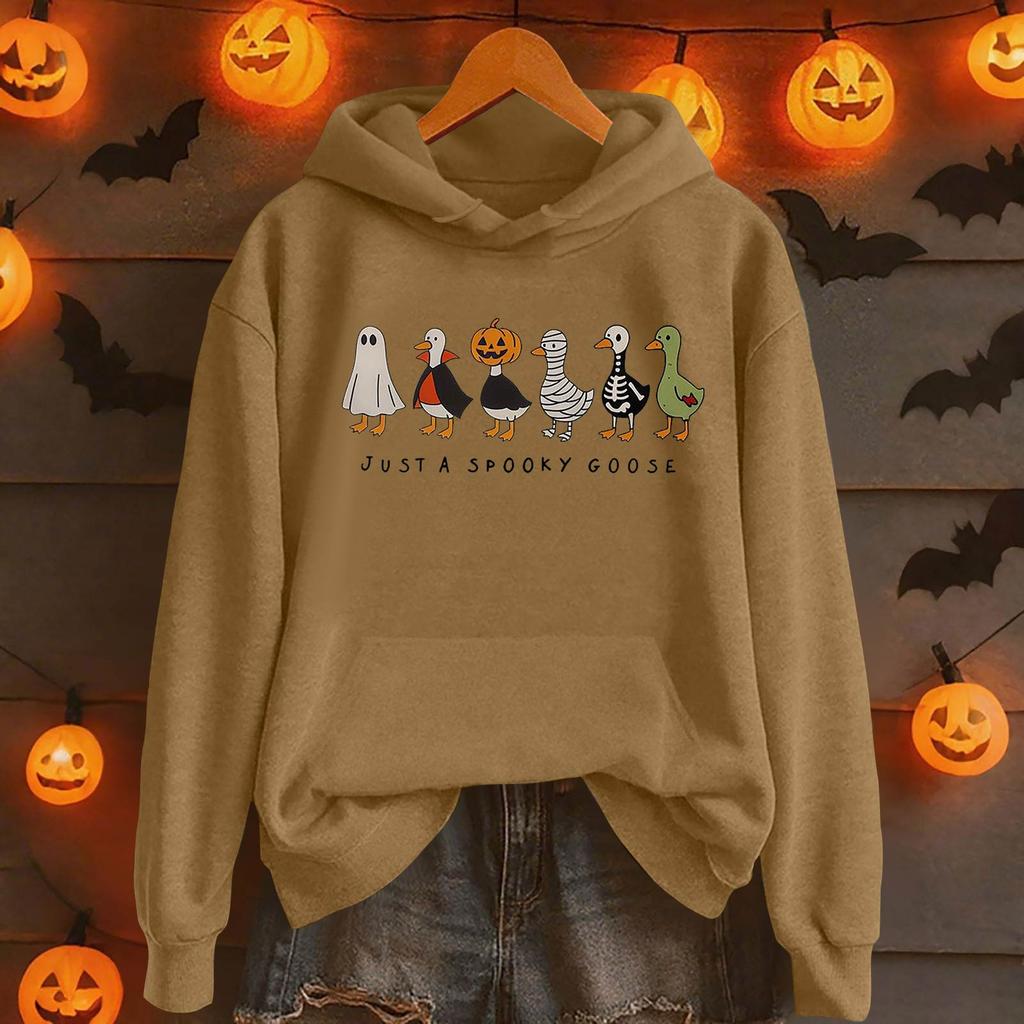 Damemote Casual Langermet trykt Rundhals hettegenser Pullover Topp med lommer