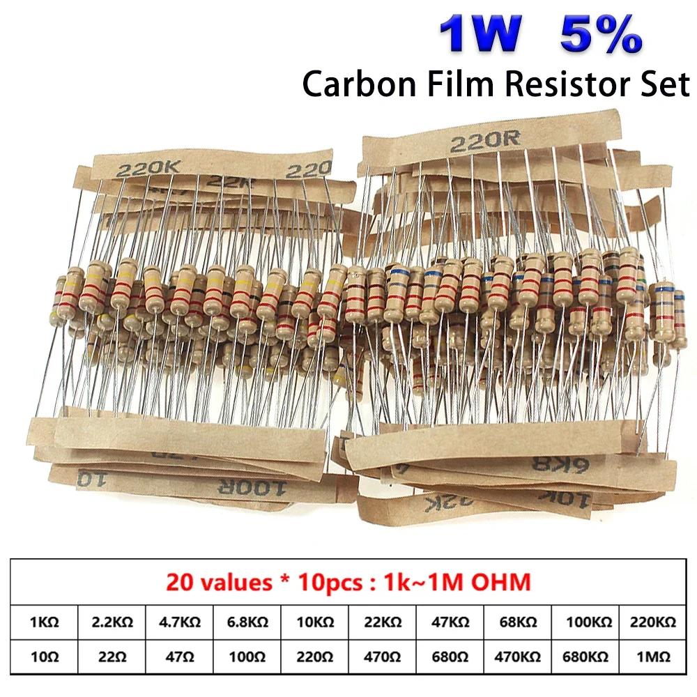 

200pcs/set 10R-1M Ohm 1W Carbon Film Resistor Set 5% Tolerance 20 Values Color Ring Resistance DIY Electronic Components Kit 10R-1M-200pcs