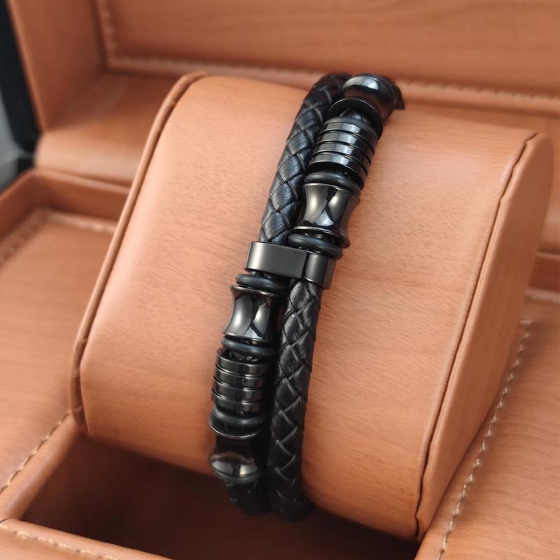 Luxury Genuine Black Leather Beads Bracelet For Men Stainless Steel Magnetic Clasp Fashion Punk Multi-Layer Bangles Male Jewelry