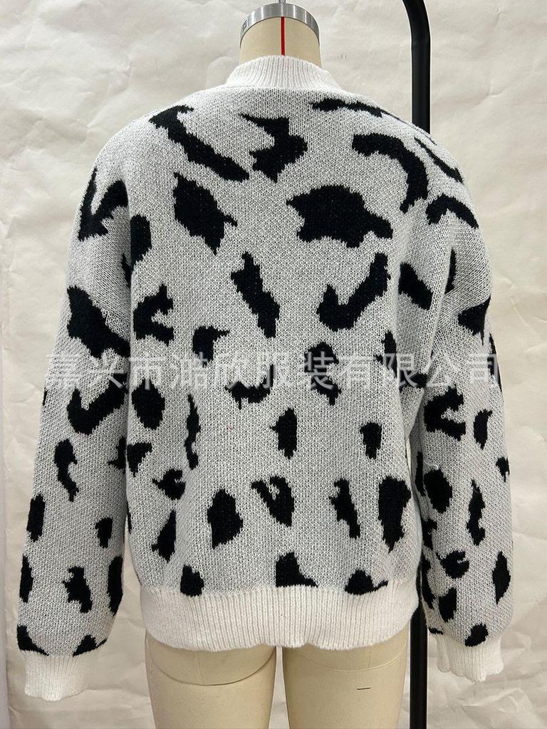Leopard Print Jacquard Round Neck Women's Knit Sweater - Fashionable Spring & Autumn Pullover