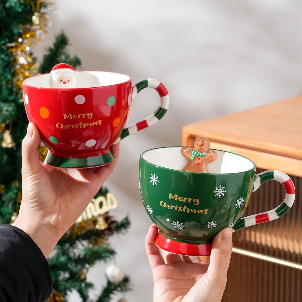 1 Stück Rot/Grün Cartoon Keramik Weihnachtsfrühstückstasse, Weihnachts-Serie Tasse Süße Tasse Halloween Keramiktasse Weihnachtsgeschenk Kreative Kaffeetasse, 500ml,