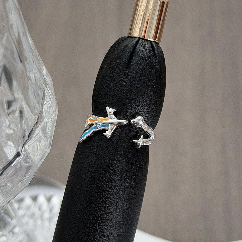 Enamel Dripping Oil Plane Star Opening Ring Blue Orange Contrasting Color Niche Cold Wind Simple Fashion Ring Woman Adjustable opening