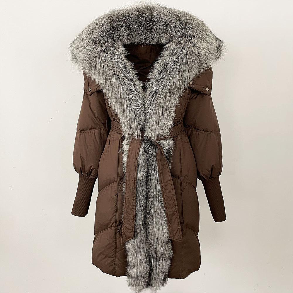 Winter new real fox fur fur collar white duck down jacket women's long coat loose thickened damp