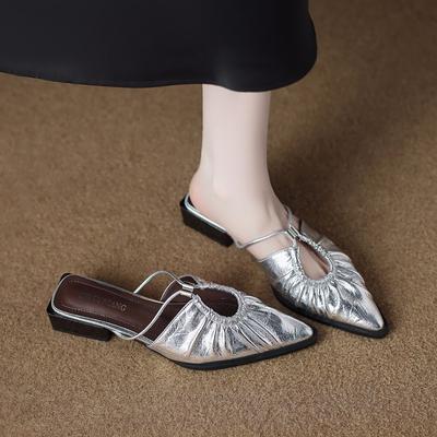 Women's Fashion Slippers 42 Pointed Toe Square Heel Thin Strap Bow Fashion Sandals Soft Leather Comfortable with Skirt Shoes