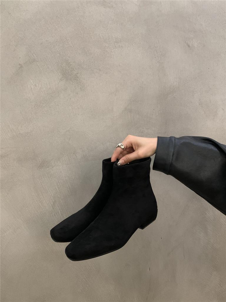 French thick heel khaki thin boots women's shoes 2025 new velvet bare boots retro suede Korean small short boots