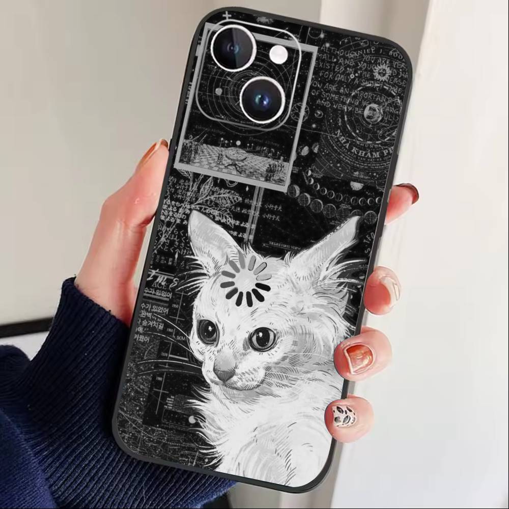 Thinking Cat Animal Phone Case For iPhone 17 16 15 14 13 12 Max Plus Silicone Black Cover