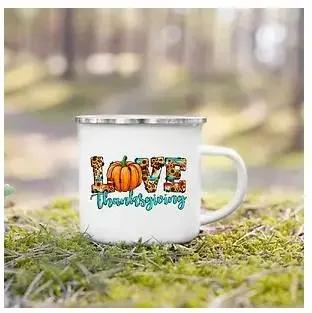 

Tourist Mug Beer Coffee Cups Fall Thanksgiving Party Wine Juice Mug Hello Pumpkin Leaves Printed Enamel Mugs Fathers Day Gifts 1pcs