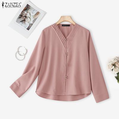 Women Casual V-Neck Solid Color Long Sleeve Blouse