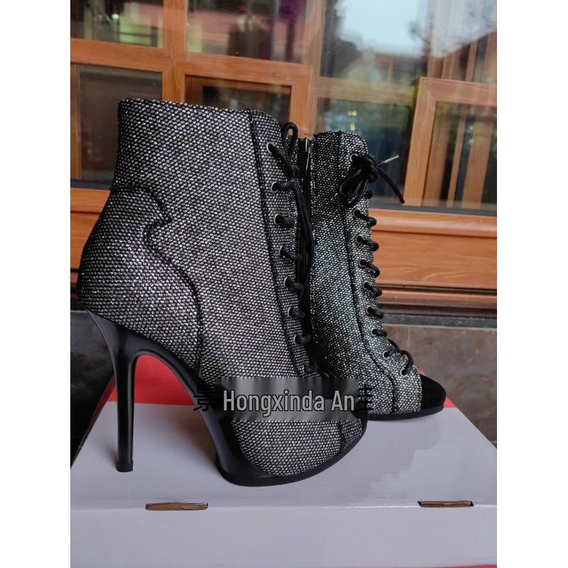 Women's Black Lace-up Ankle High Heels Jazz Dance Shoes with Soft Sole