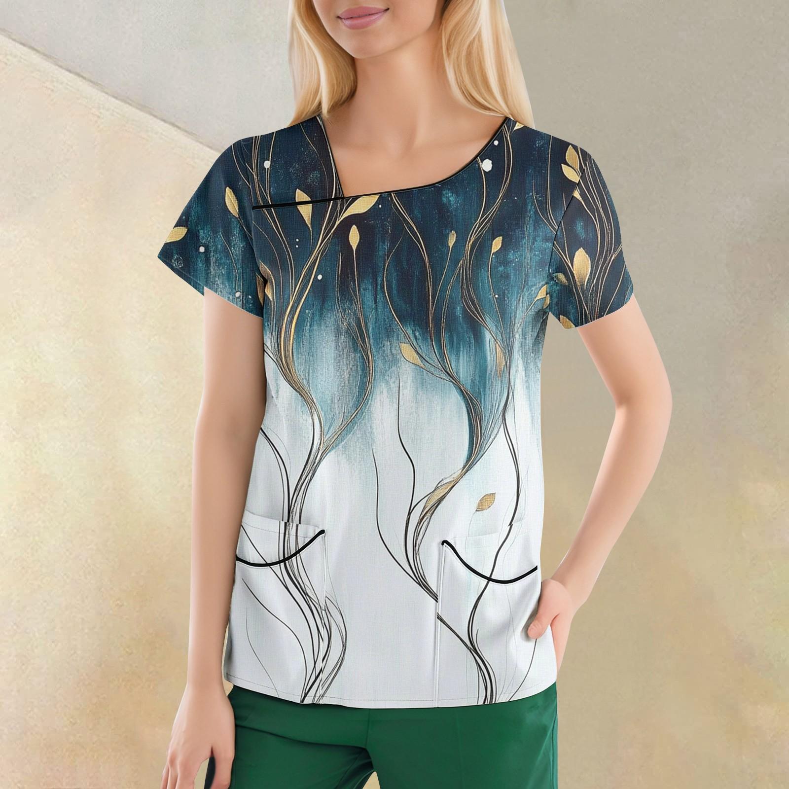 

Женская повседневная рабочая одежда с короткими рукавами и наклонным воротником с принтом и двойными карманами XXXL белый