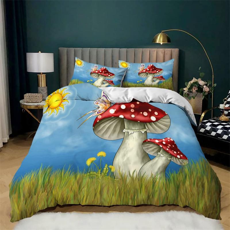 Pilz Bettbezug Set Cartoon Bettwäsche Set Naturpflanzen Druck Bettdeckenbezug Kissenbezüge King Für Kinder Erwachsene Schlafzimmer Deko