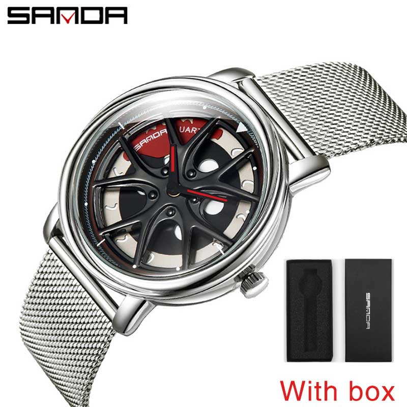SANDA Top Men Quartz Watches Sports Car Watch Waterproof Sport 360℃ Rotating Rim Hub Wheel Wristwatch Car Quartz Men's Watches