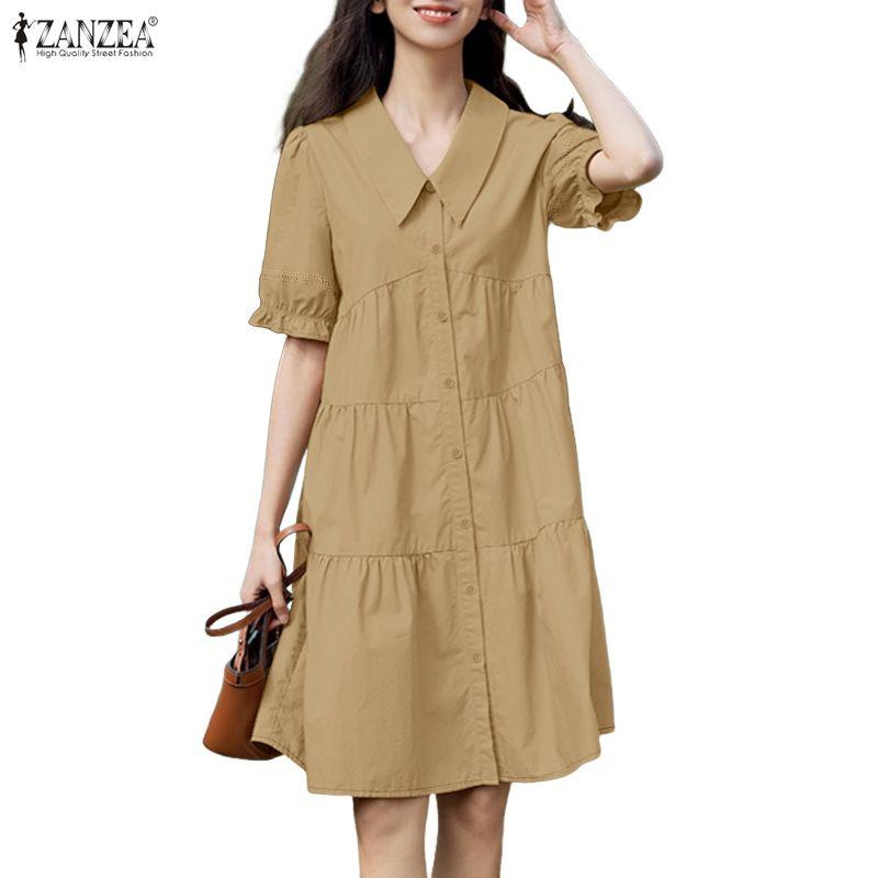 ZANZEA Women Casual Turn Down Collar Summer Short Sleeve Dress