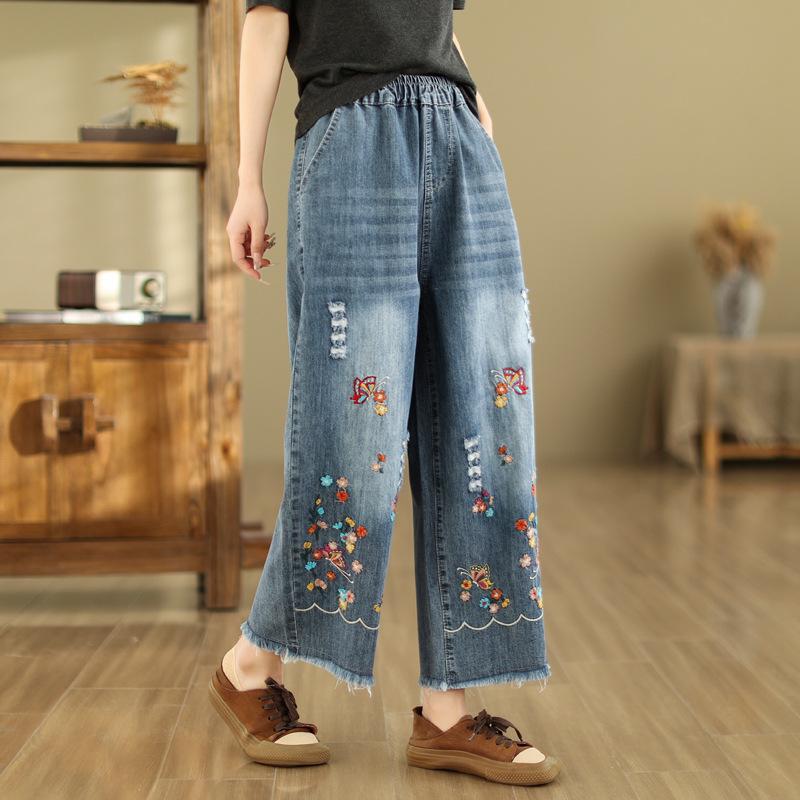 Women Jeans Denim Crop Harem Pants Embroidered Wide Leg Jeans