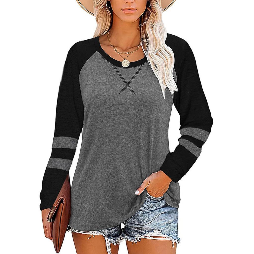 Ladies' Casual And Fashionable Color Blocked Round Neck Long Sleeved Casual Loose T-shirt Top