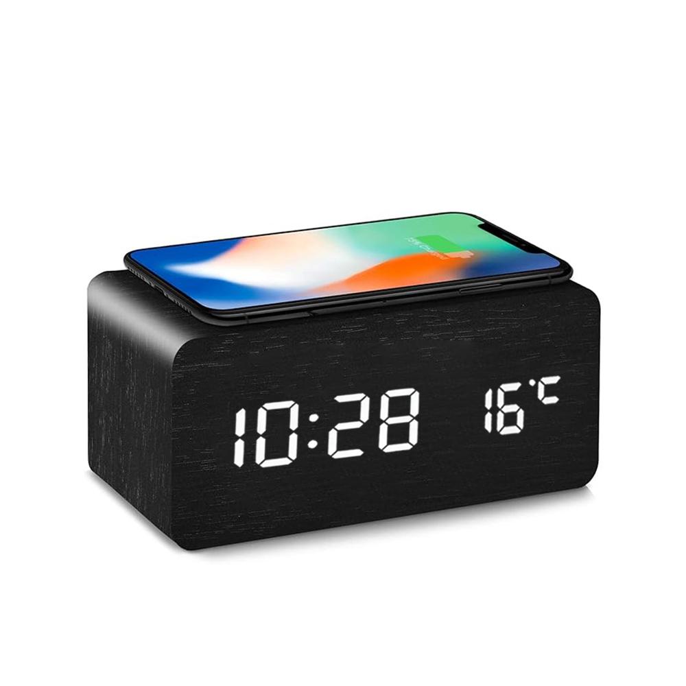 Wooden Digital Alarm Clock with Wireless Charging Temperature Display LED Desk Clock for Office Bedroom Bedside Décor Gift