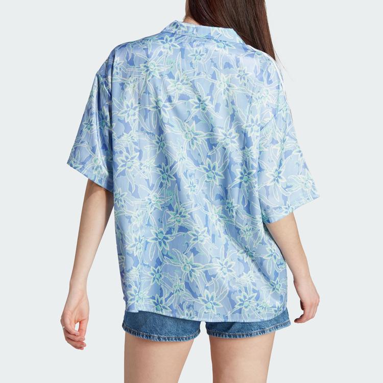 Adidas Originals Trefoil Resort Shirt Floral Print Loose Fit Sports Casual Short Sleeve Shirt Women shirts Light-Blue IT8165