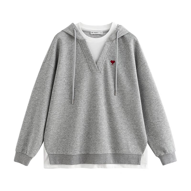Women's Love Heart Embroidered Faux Layered Hooded Sweatshirt
