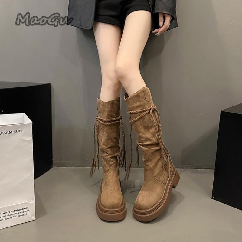 Fashion Thick Bottom Women's Knee-High Long Boots Autumn Winter Pleated Fringe Black Boots 2025 New Fashion Botas Mujer Size 35 40