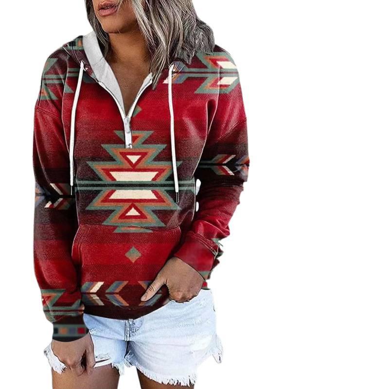 European American Autumn Winter Women New Style Ethnic Tribal Hooded Fleece Sweatshirt Printed Half Zip Jacket Top
