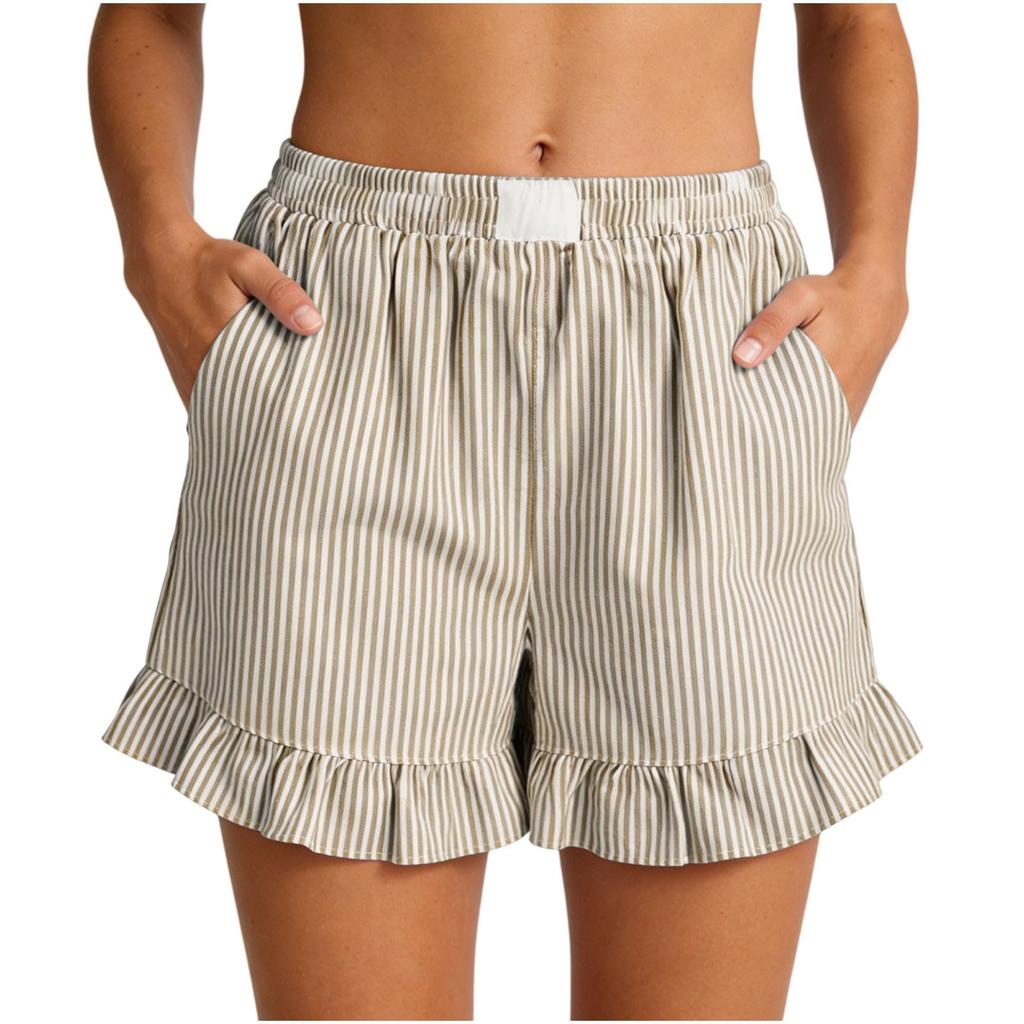 Pantaloncini estivi casual a righe da donna con elastico in vita, bordo arricciato e tasche laterali, vestibilità ampia, design leggero