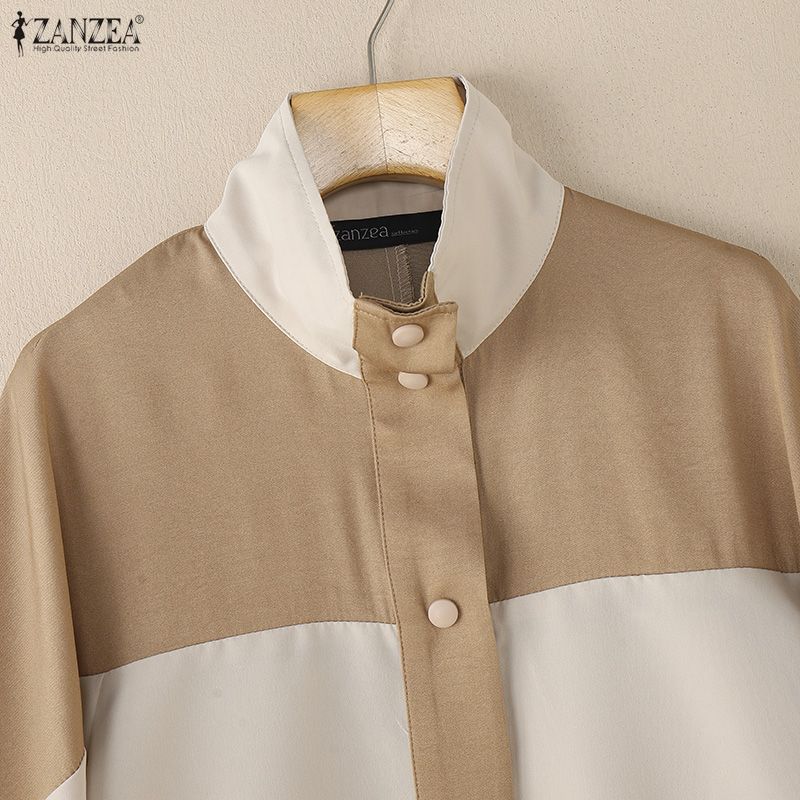 ZANZEA Women Casual Stand Collar Long Sleeve Patchwork Cardigan Blouse