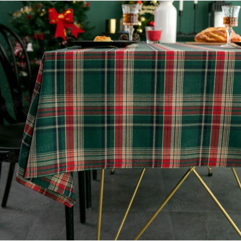 Rustic American Vintage Christmas Plaid Tablecloth Cotton Linen Blend Dining Table Cover Slip Resistant Decorative