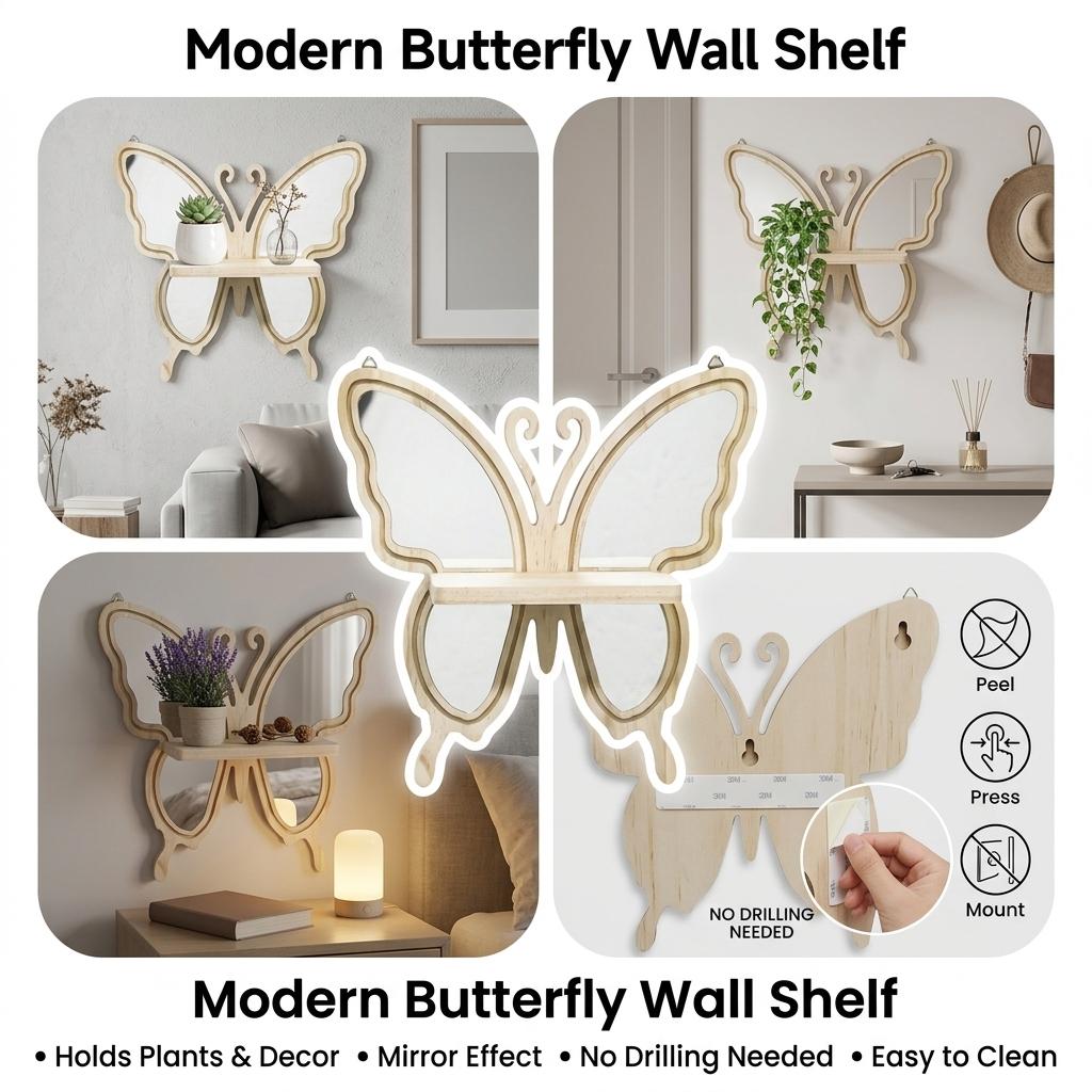 Acrylic Butterfly Wall Hanging Planter Shelf Wooden-Craft Home Decoration