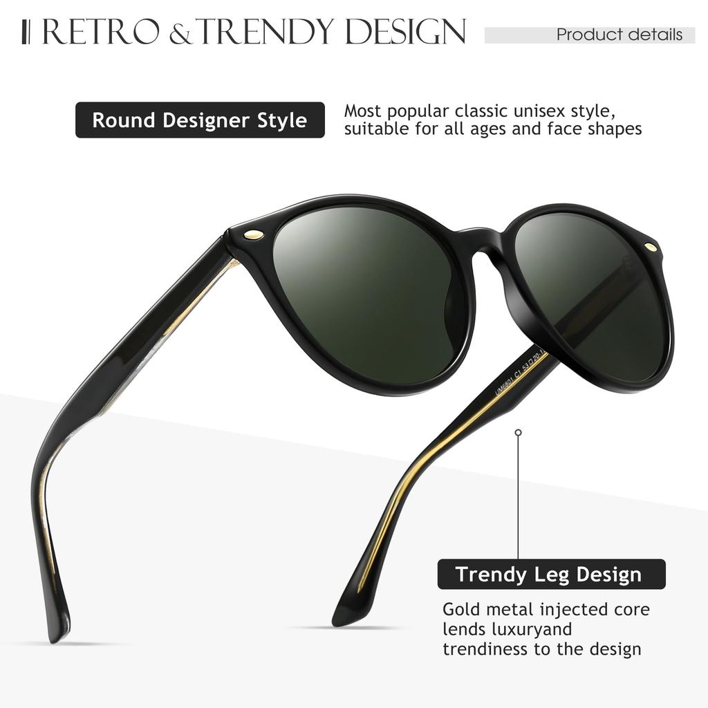 Sunglasses UV Protection Boston Wellington Sunglasses Retro Round Stylish Soft Feel Driving Sea Travel Frame Green [SUNGAIT] Women's Men's (Black