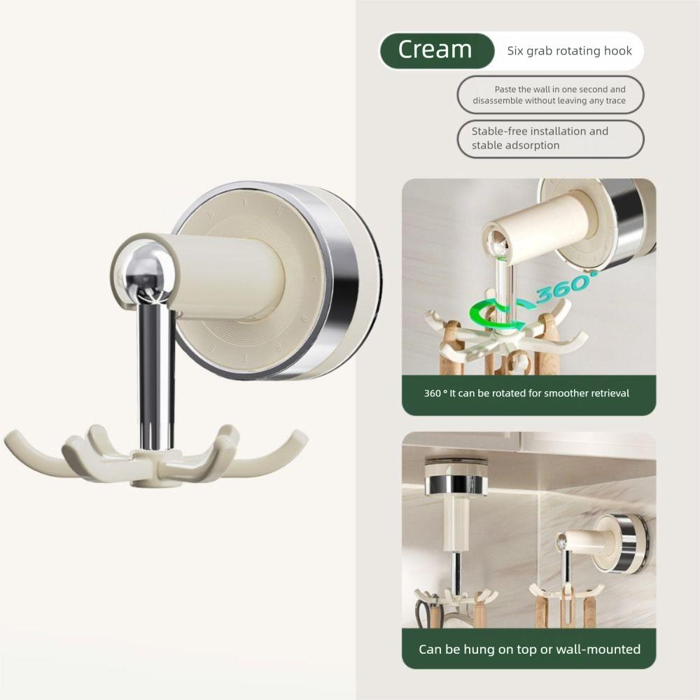 Hanging Six-claw Rotating Hook Wall Mounted Suction Cup Hook Kitchen Utensil Holder  For Home