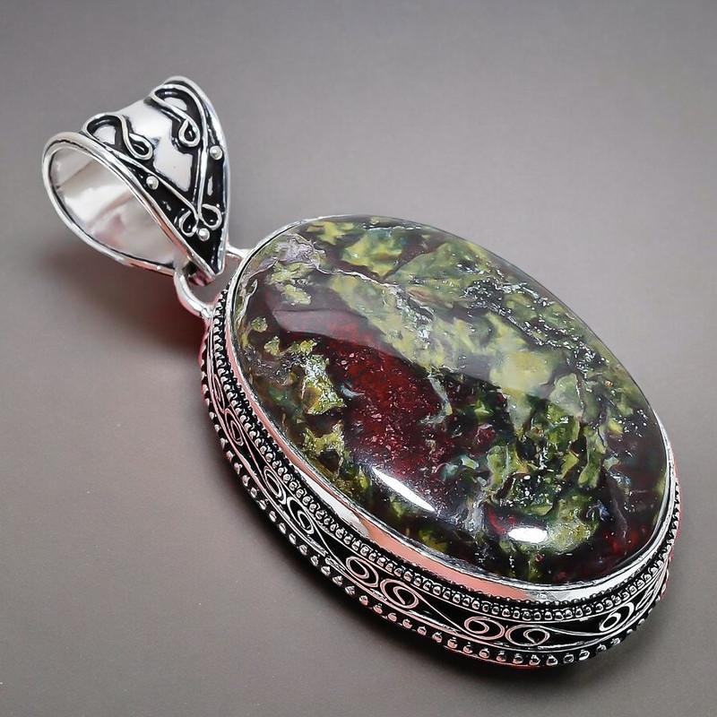 Dragon Jasper Gemstone Handmade 925 Sterling Silver Jewelry Pendant 2.17" AH-860