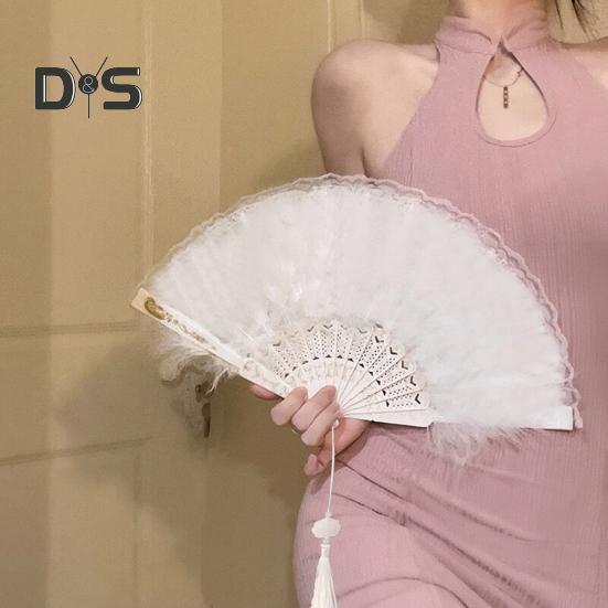 Vintage-Faltfächer aus Federspitze mit Quasten, tragbarer Handfächer für den Sommer, Dekoration, Tanz-Requisiten, Party-Kostümzubehör