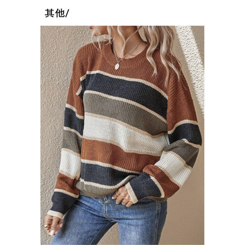 Women Loose Striped Long Sleeve Crew Neck Knit Sweater Autumn Winter