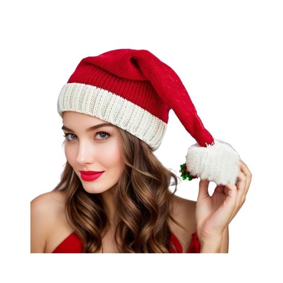 Santa Hat Red White Green Striped Print Knitted Christmas Hat with Plush Ball Decor Holiday Accessory