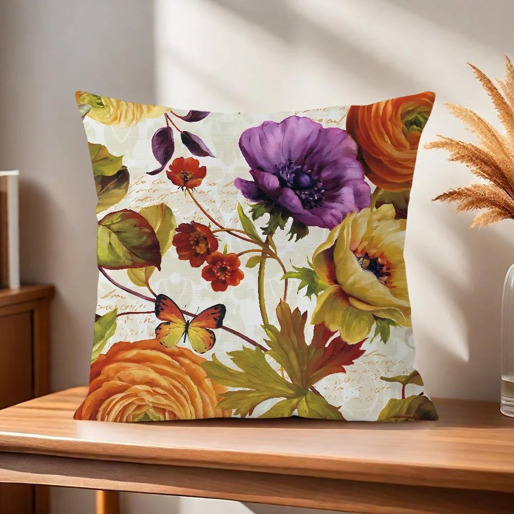 Flower Soft Pillow Case Exquisite For Sofa Living Room Retro Home Office Decor Protective Covers Style Without Art Pillow-Insert